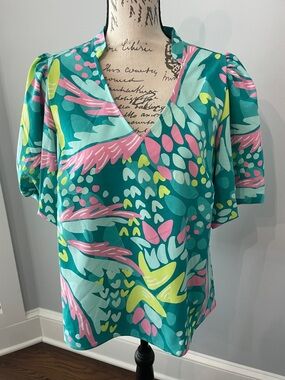 Teal Floral-Print V-Neck Blouse with Flutter Sleeves